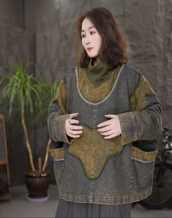 2025春季新款复古百搭炒色做旧水洗牛仔螺纹领双层上衣女