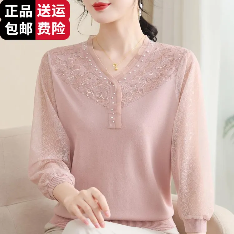 恒源祥彩羊时尚妈妈春装纱袖T恤洋气桑蚕丝小衫中老年女春秋洋气