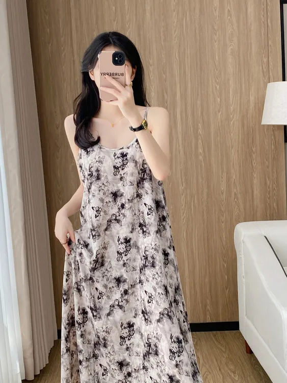 2025新款水墨蝴蝶碎花夏季女士宽松连衣裙韩版印花大码吊带连衣裙