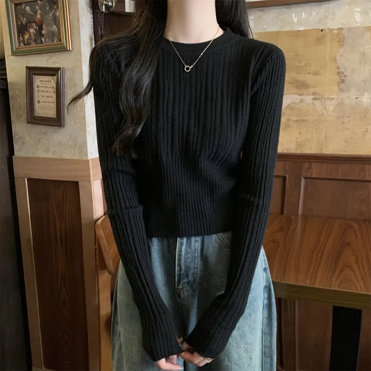 法式圆领黑色长袖毛衣衫女秋季高级设计感纯欲针织打底衫欧货上衣