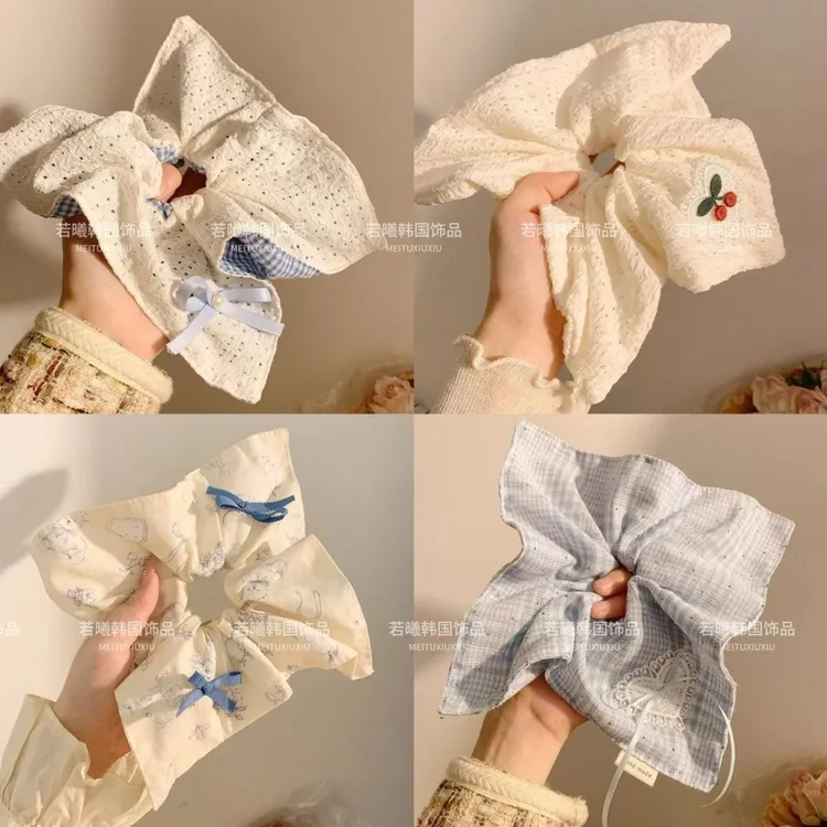 韩系蓝色蝴蝶结爱心方巾大肠发圈女高级感超大扎头发头绳方形头饰