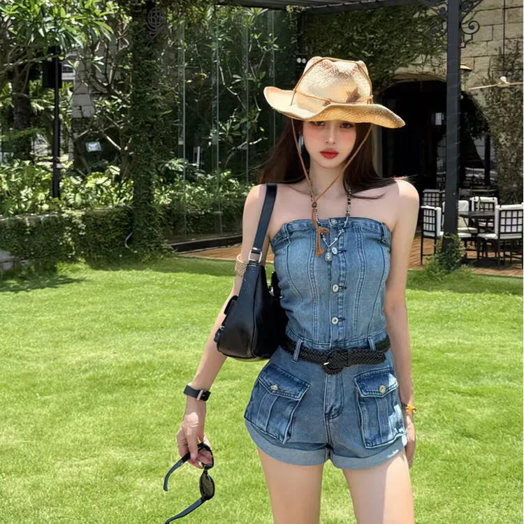 美式辣妹抹胸工装牛仔连体短裤女夏季新款设计感大口袋阔腿连衣裤