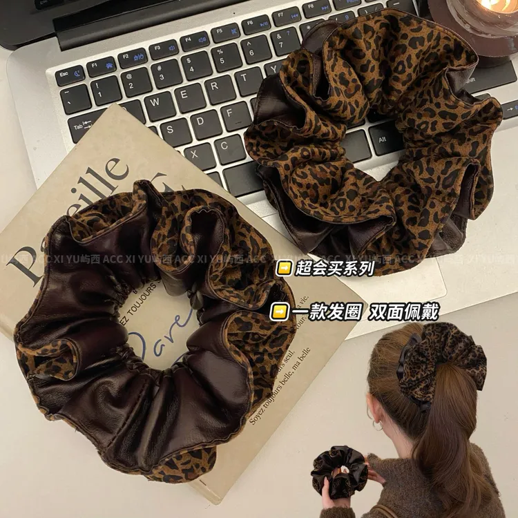 双面佩戴-皮配豹纹韩版高级复古秋冬大肠发圈气质百搭丸子头发绳