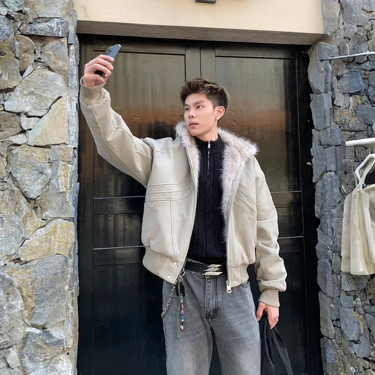 鲨雕”鲨鱼腮剪裁座山雕棉服男美式冬季仿兔毛保暖帆布夹克外套