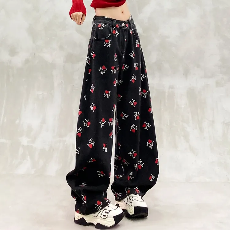 个性印花设计加绒休闲牛仔弯刀裤女冬新款高腰宽松显瘦百搭香蕉裤