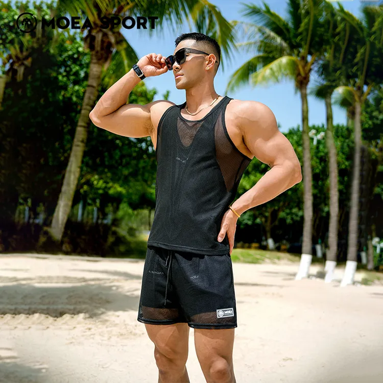 墨立方运动跑步短裤背心套装男夏季网纱双层速干训练内衬三分裤