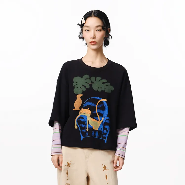 MOVEUP幻走2025秋季新款.FUN 条纹袖口假两件短款T恤女3EWQ10599