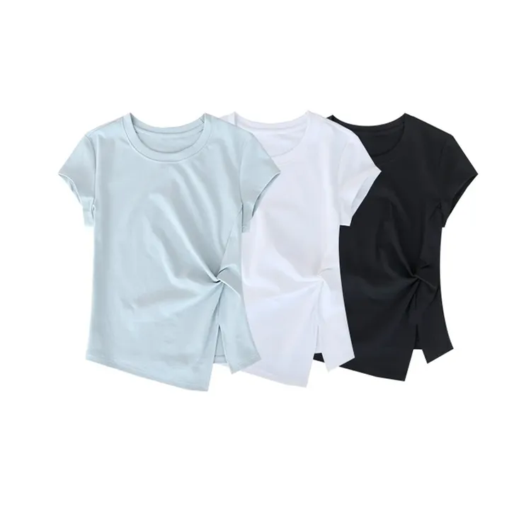 法式减龄圆领正肩短袖T恤女夏季修身 显瘦设计感褶皱百搭气质上衣