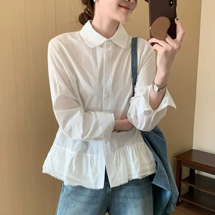 品质纯棉韩版白色气质翻领花边衬衫春季新款百搭休闲通勤显瘦上衣