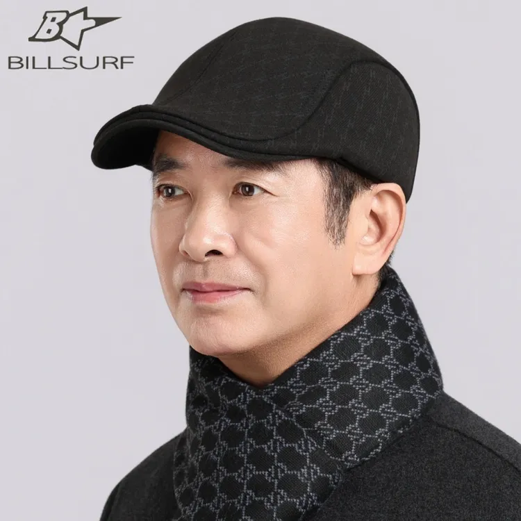 中老年人贝雷帽子男冬天户外保暖加绒护耳毛呢前进帽鸭舌帽冬爸爸