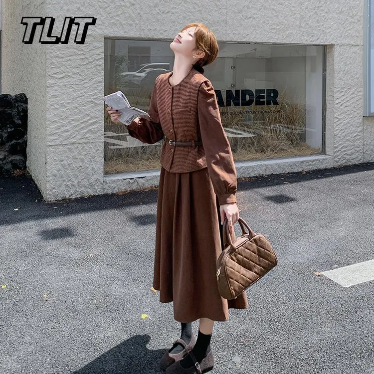 TLIT美拉德咖色开衫马甲洋装套装女春季新款法式收腰长裙两件套