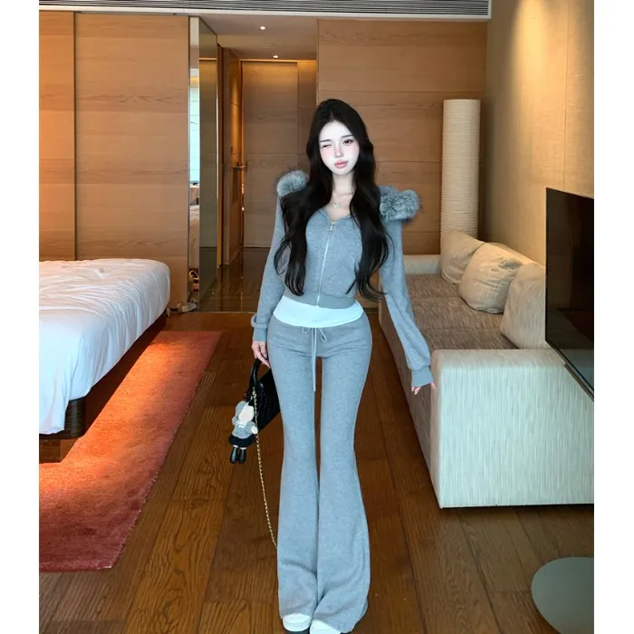 加绒加厚设计感毛领连帽拉链卫衣外套女秋冬灰色微喇叭裤子两件套