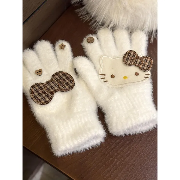复古文艺豹纹格子kitty蝴蝶结仿水貂绒手套2025新款少女心可触屏