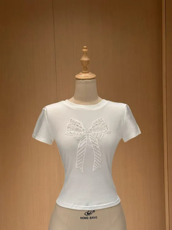 【雅乔定制】立体亮片蝴蝶结白色圆领短袖T恤DYLL-25066352