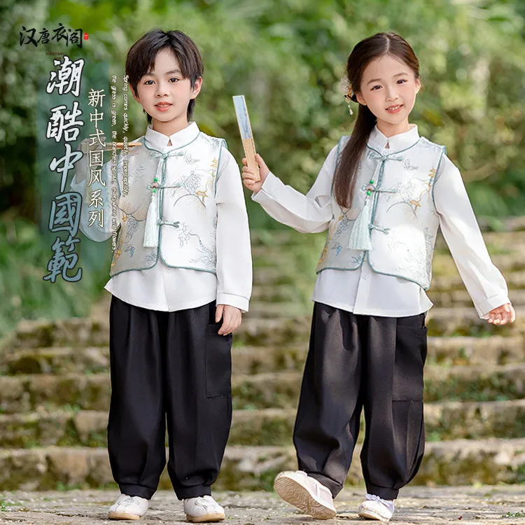 儿童汉服男童2025新款春秋国风女宝宝马甲三件套装唐装新中式童装