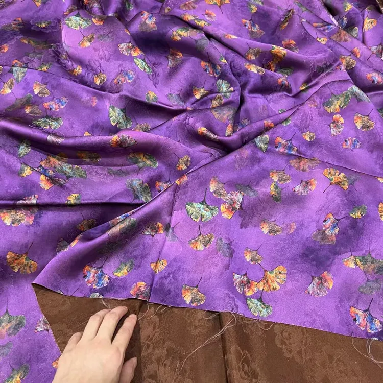 【紫色银杏叶1.4门幅】植物真丝香云纱高端新中式旗袍套装服装面料