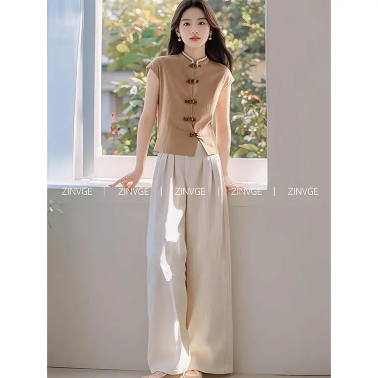 新中式独特漂亮显瘦高级感气质超好看棕色衬衫阔腿裤两件套装女夏