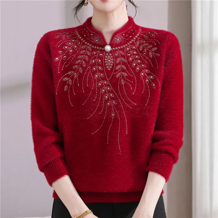 妈妈冬装毛衣加绒加厚老年人保暖内搭上衣中年女国风水貂绒打底衫