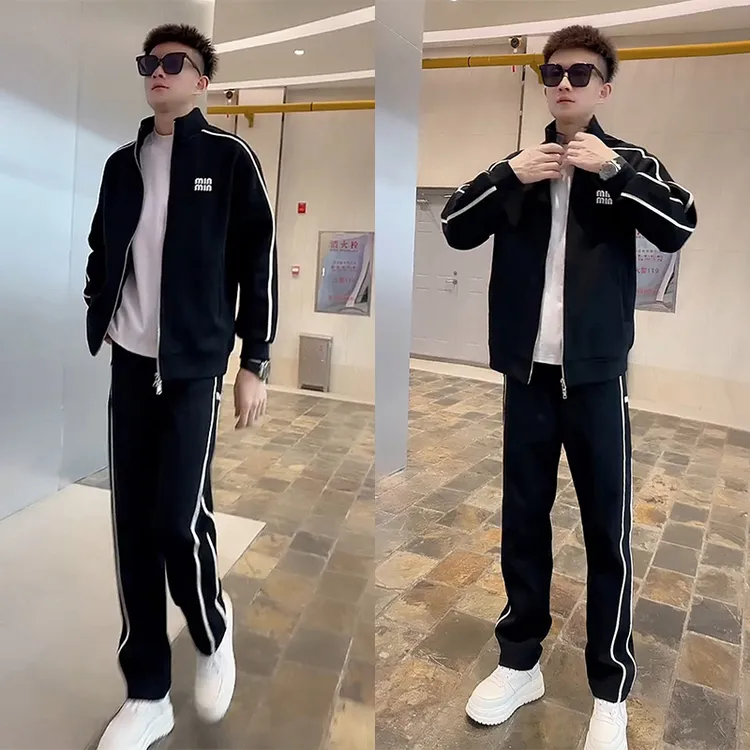 男士高级感显瘦拼接立领外套直筒休闲长裤两件套秋季新款休闲套装
