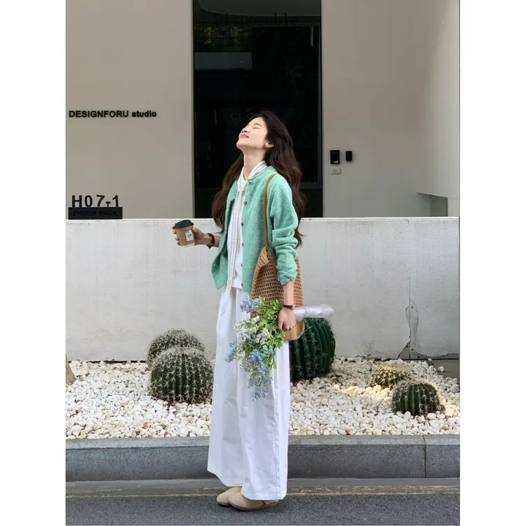 节奏曲薄荷绿色早春慵懒风韩系针织外套白色垂感阔腿裤气质套装