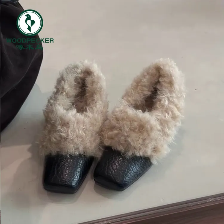 啄木鸟复古方头加绒保暖玛丽珍单鞋内增高毛毛鞋女冬季一脚蹬棉鞋