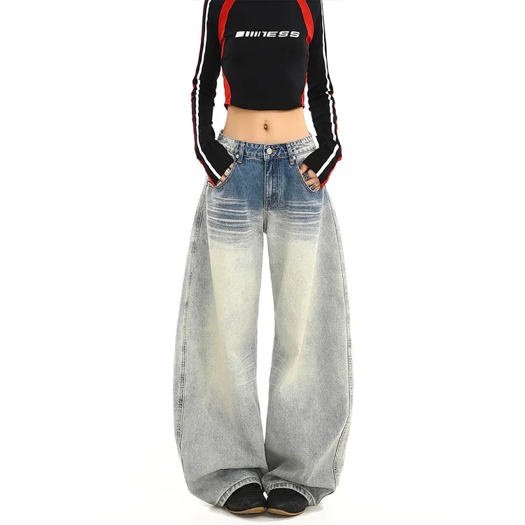 美式复古水洗做旧低腰牛仔裤女设计感休闲宽松直筒阔腿弯刀裤子潮