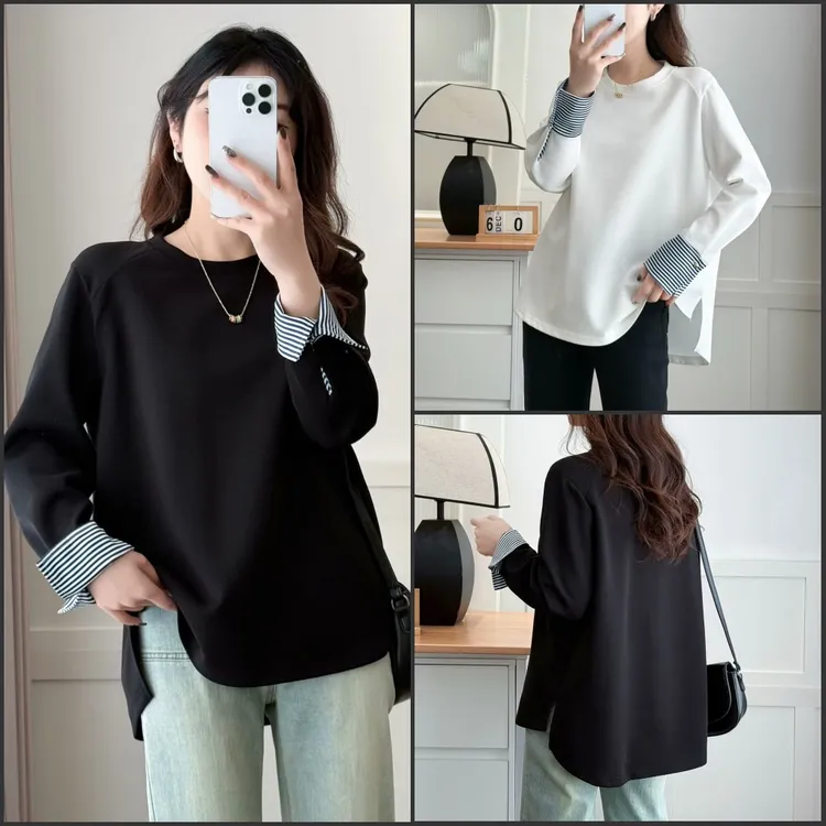 大码胖mm时尚显瘦减龄拼接条纹长袖打底衫女春季新款百搭藏肉上衣