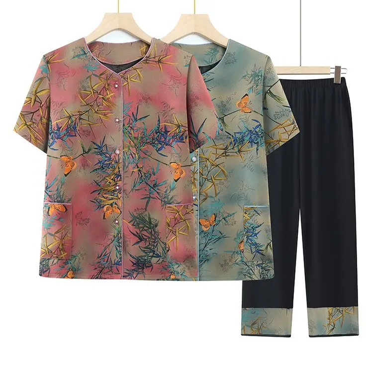 中老年妈妈老太太短袖衬衫裤子奶奶装2025夏季款两件套装