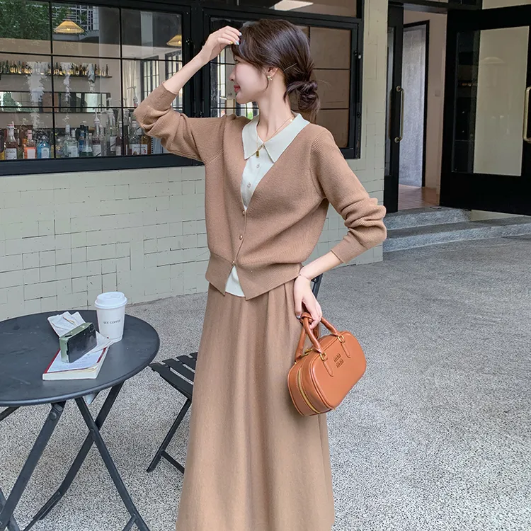 复古气质套装裙女春秋2025假两件针织毛衣半身裙盐系轻熟风两件套