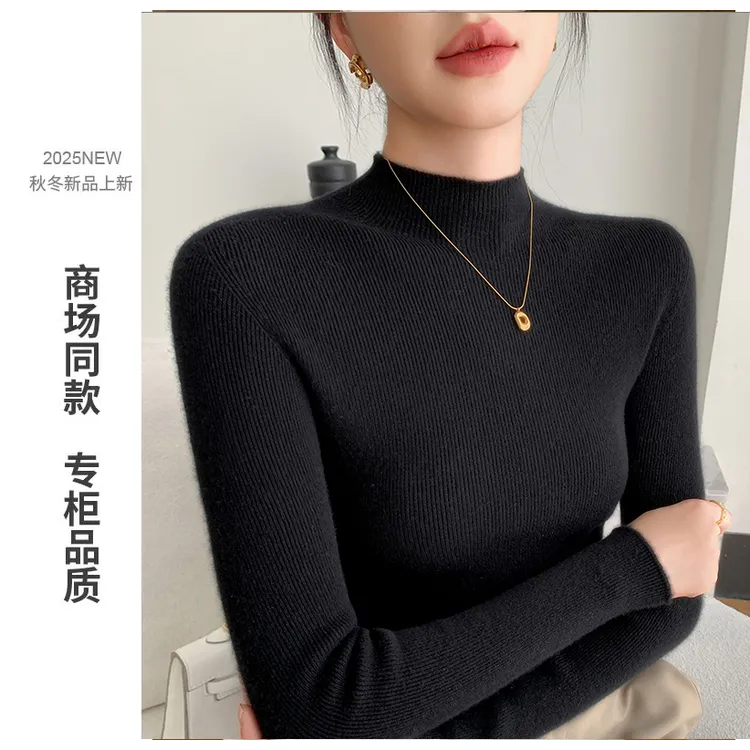 【一线成衣·亲肤柔软】100羊毛加厚半高领针织衫女套头毛衣修身打底