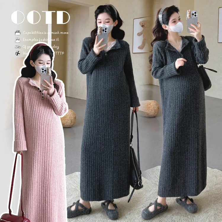 2025秋冬孕妇裙子法式时髦休闲加厚针织中长款蕾丝拼接套头连衣裙