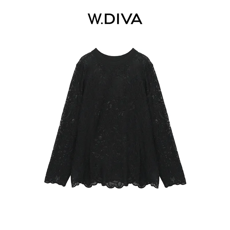 W.Diva【墨雅】桑蚕丝醋酸法式优雅圆领长袖蕾丝小衫慵懒51S061144