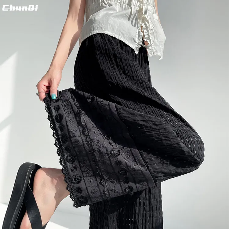 淳启蕾丝刺绣镂空冰丝阔腿裤女夏季薄款高腰直筒垂感休闲凉凉裤子