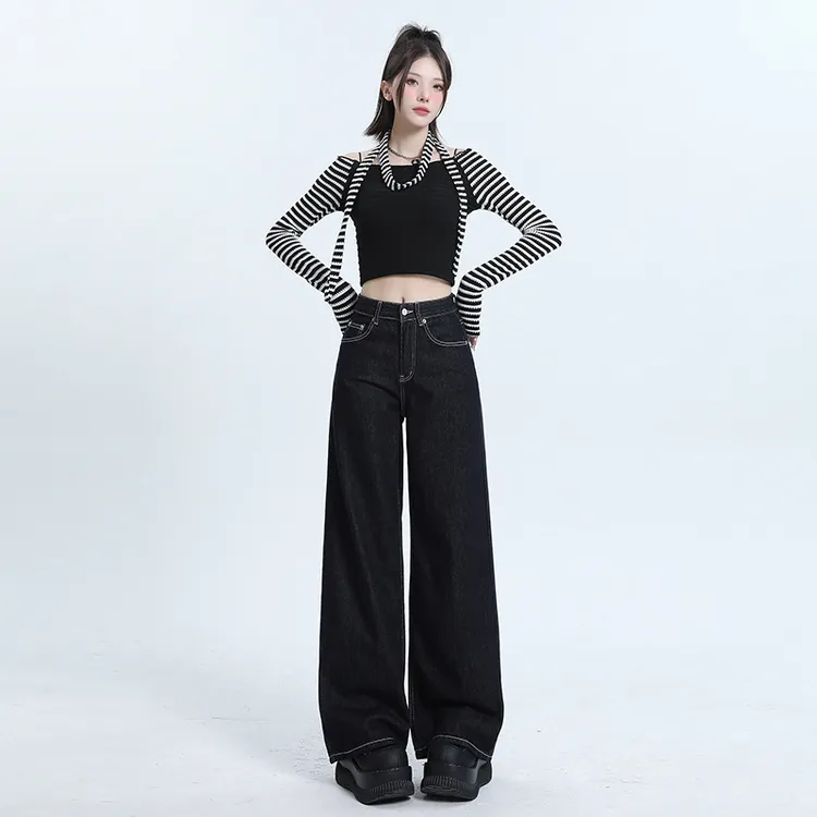 百感美式直筒牛仔裤女新款高腰显瘦宽松遮胯休闲垂感阔腿拖地长裤