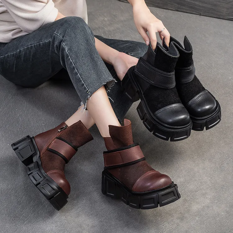 轻奢严选冬季新款松糕跟短靴百搭大头英伦马丁靴头层牛皮女鞋