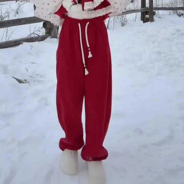 2025秋冬新款加厚加绒慵懒束脚阔腿裤女松紧腰抽绳百搭直筒休闲裤