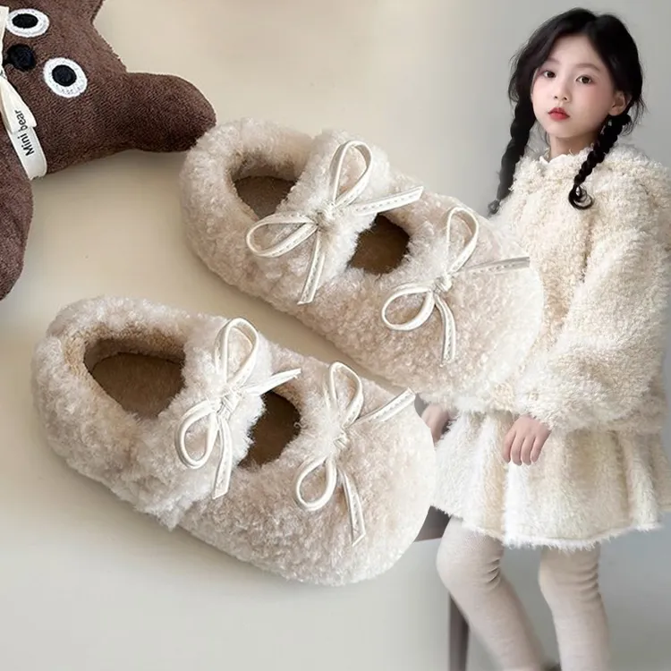 ABC儿童韩版毛毛鞋2025冬季新款女童蝴蝶结公主鞋软底保暖豆豆鞋