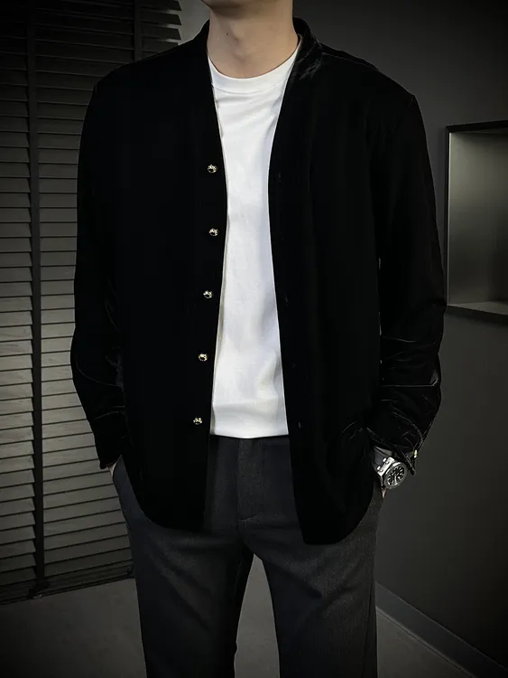 KING&GUCH【金丝绒】2025秋季新款男士气质痞帅无领开衫外搭8018