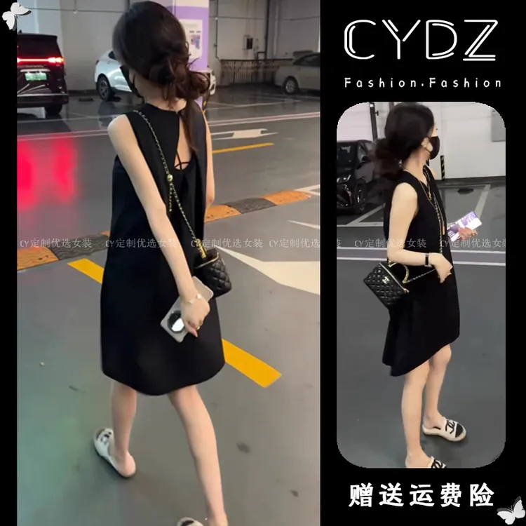 2025夏季新款黑色高级感露背气质无袖A字裙女欧货宽松遮肚连衣裙