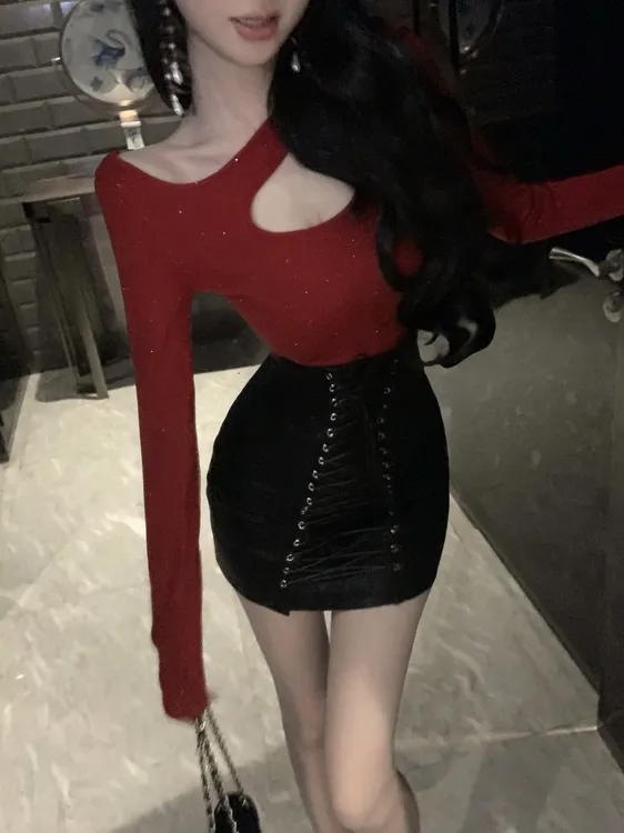 【雅乔定制】温莎贵族 高腰修身绑带短款PU皮裙半身裙DYYK-23071239