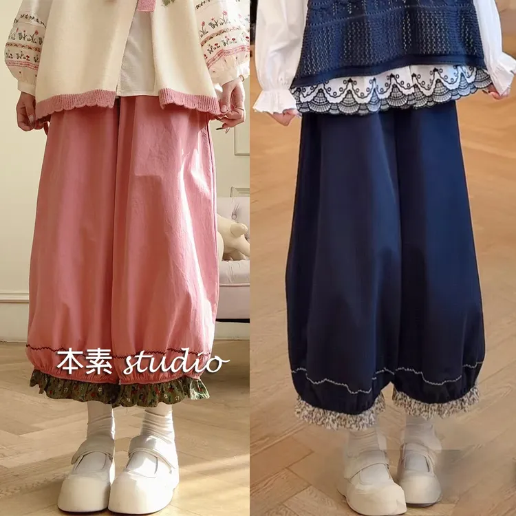 碎花花苞裤C4588刺绣碎花贴布松紧腰灯笼裤