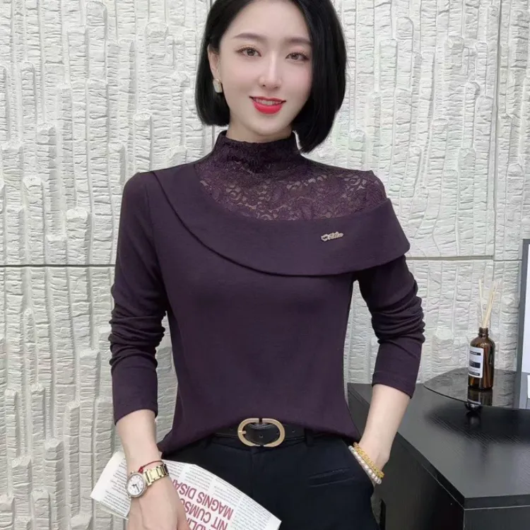秋冬季新品时尚洋气半高领百搭蕾丝拼接显瘦女长袖打底衫上衣9012