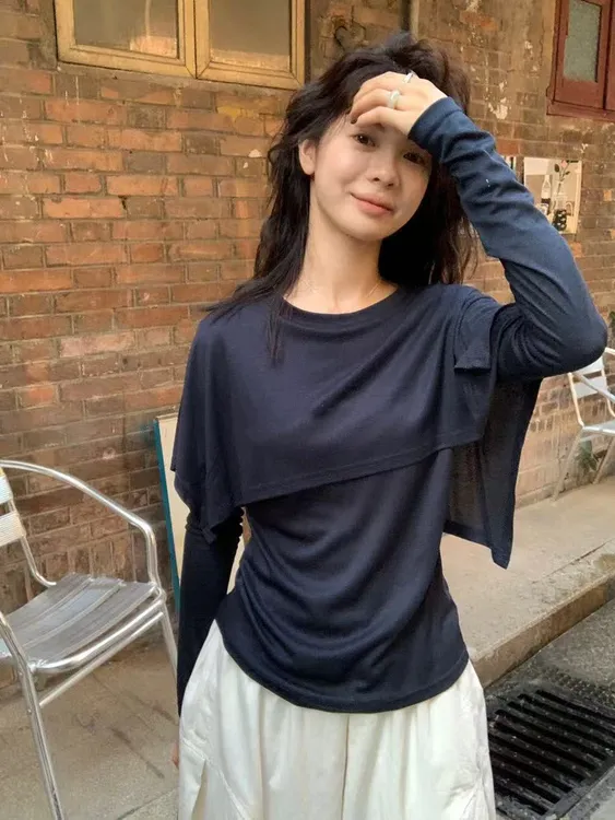秋季纯色极简风加大加宽上衣设计感拼接圆领长袖大码T恤女573392
