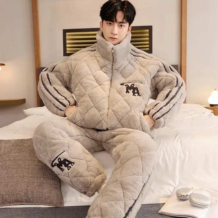 2025新款男士睡衣秋冬季加厚加绒珊瑚绒三层夹棉保暖冬款天家居服