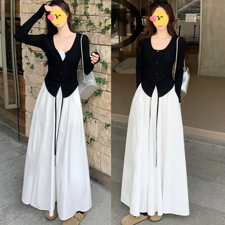 大码女装白色吊带连衣裙女高级感早秋胖mm遮肚显瘦A字裙开衫套装