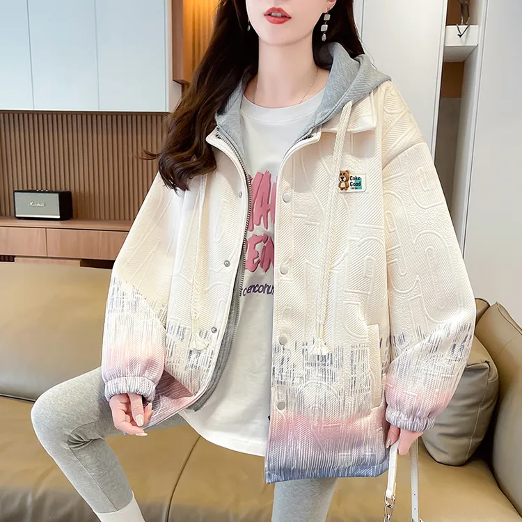 假两件渐变色工装外套女春秋2025新款初高中学生宽松休闲连帽夹克