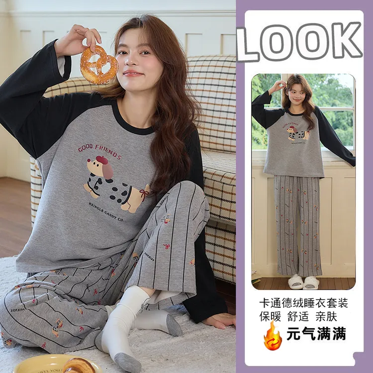 双面德绒睡衣女2025秋冬季长袖可爱卡通套装加厚保暖可外穿家居服