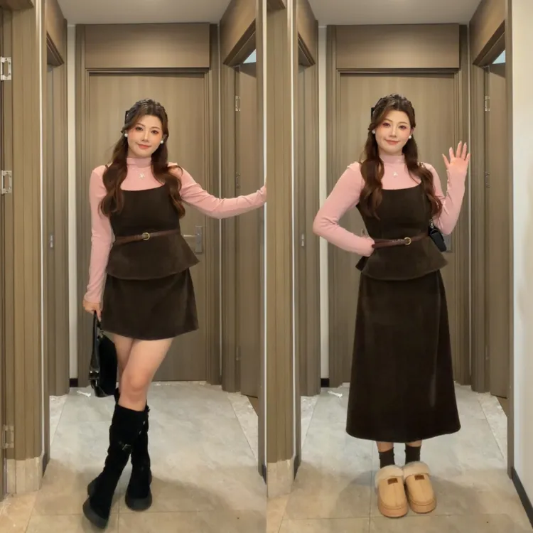 【琪琪】大码女装秋冬富家千金吊带针织衫上衣半身裙三件套装14061