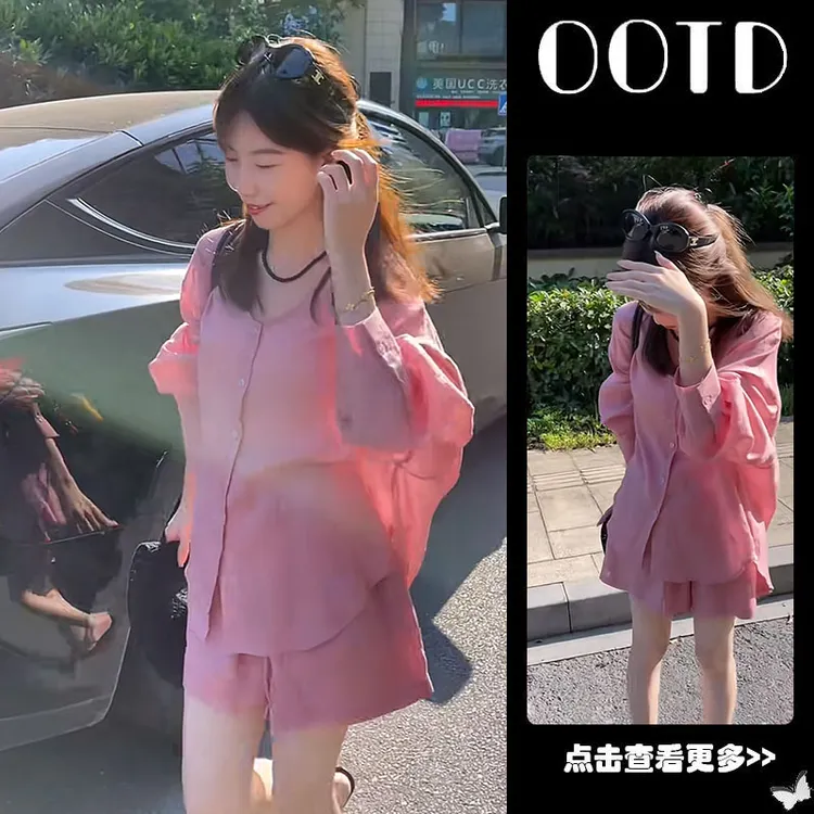 【现货】流行穿搭一整套女2025新款减龄防晒衬衫阔腿短裤两件套潮