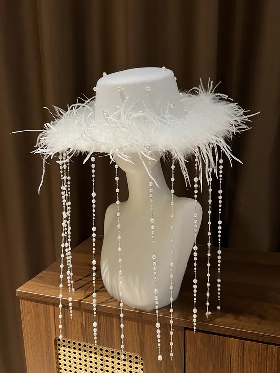 金钻新娘复古优雅白色帽子羽毛珍珠流苏结婚新娘造型出片礼帽新款